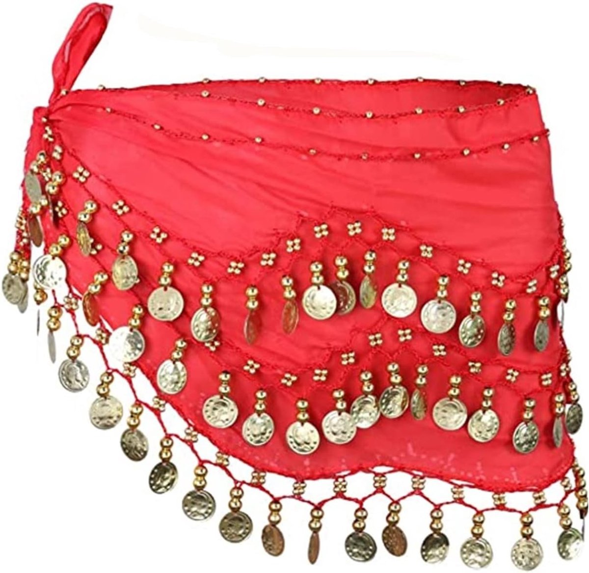 Heupdoek voor Buikdans met Dangle Gouden Munten voor Optreden en Yoga, Rood en Glitterend Accessoire