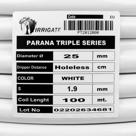 Label met 'Irrigate PARANA TRIPLE SERIES', diameter 25 mm, kleur wit, 100 m.