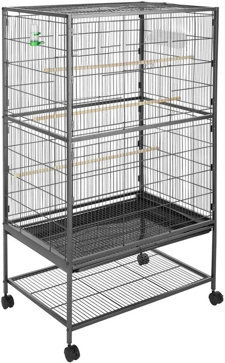 Vogelkooi - Volière met wielen - Vogels houden - Ruime metalen kooi - 131 x 78 x 52 cm - Zwart