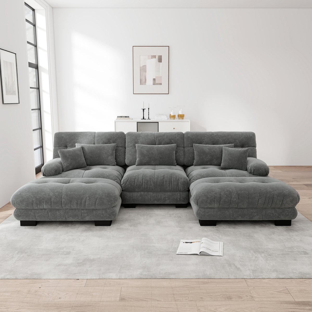 MODENUIT U-bank 313 x 145 x 81 cm - Modulair Met Ottoman En Slaapfunctie - Woonkamer - Chenille - Grijs