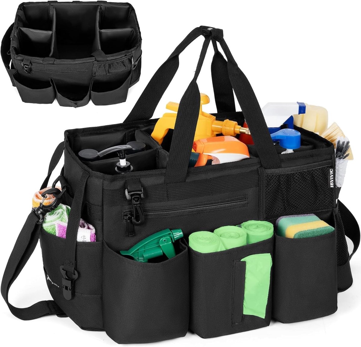 Draagbare Schoonmaak Organizer met Verstelbare Schouderband en Handvatten - Schoonmaaktas met Afneembare Scheidingswanden voor Huishoudelijke Hulp en Schoonmakers (38 x 22 x 26 cm, Zwart)