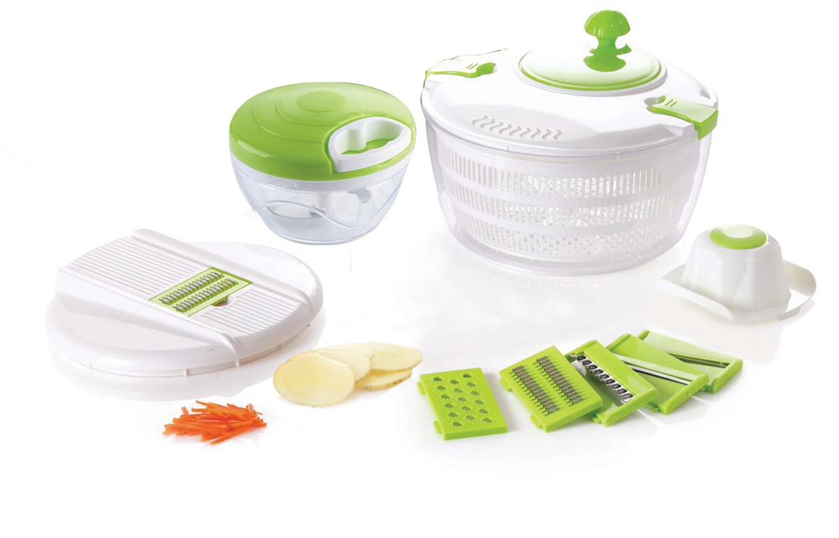 Multifunctionele Groentesnijder en Mandoline – 6 RVS Snijbladen voor Plakjes, Julienne en Raspen – 600 ml Kom en 2 Luchtdichte Bewaarbakken – Wit/Groen