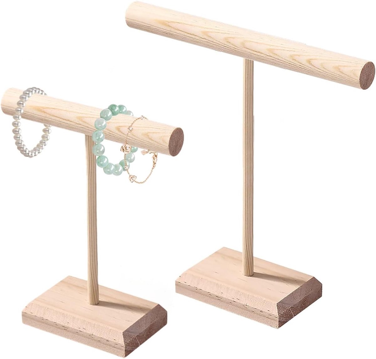 Twee T-vormige houten sieradenstandaards voor het organiseren van kettingen, oorbellen, armbanden en ringen