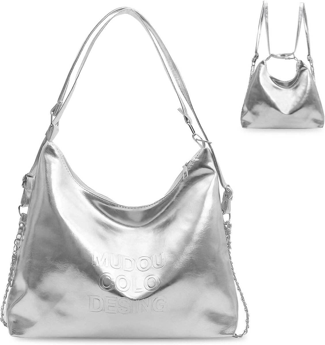 Converteerbare 3-in-1 schoudertas voor dames, grote capaciteit, laser PU-leer, verstelbare rugzak en handtas met ritssluiting, trendy Moon Bag met kettingriem