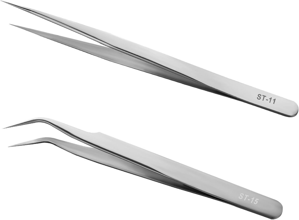 Set van 2 precisiepincetten, lange rechte pincetten, anti-statische roestvrijstalen pincetten voor elektronica, sieraden, laboratoriumwerk en schoonheid