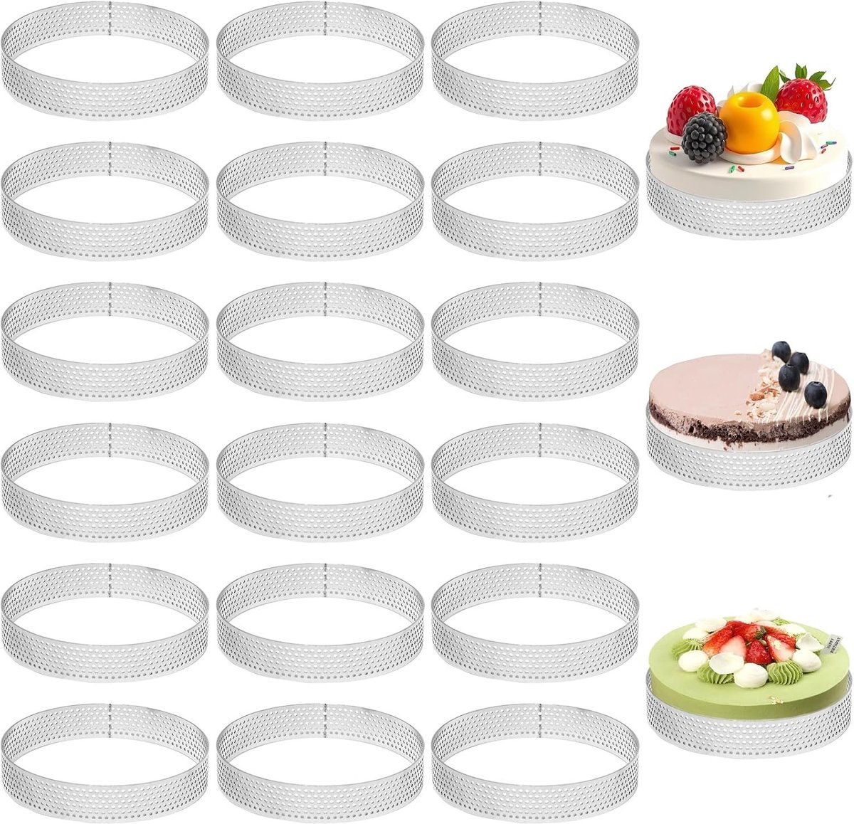 Set van 18 Perforated Ronde Taartcirkels van 10 cm van RVS voor Taarten, Gebak en Muffins