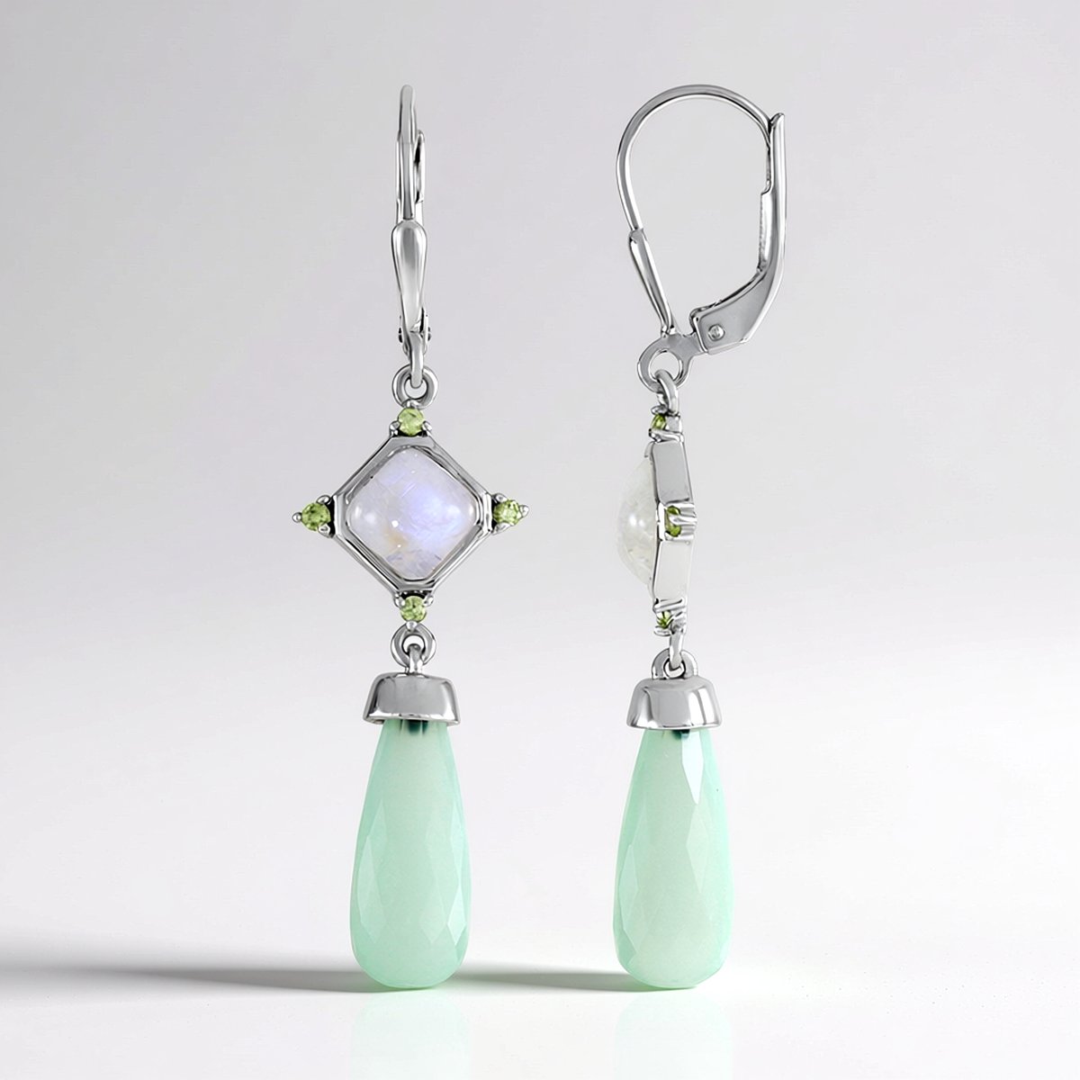 Cavill - Zilveren Oorbellen met 7,47 ct Groene Chalcedoon Druppel - 925 Sterling Zilver Gerhodineerd - Regenboog Maansteen & Peridoot