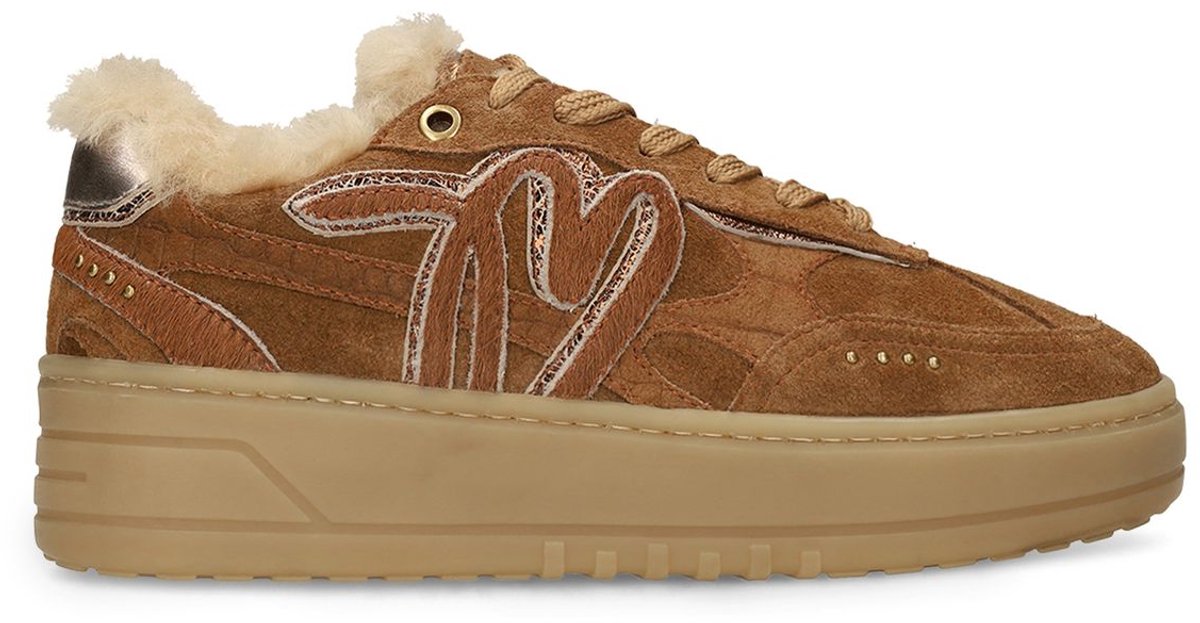 Manfield - Dames - Beige suède sneakers met bontvoering - Maat 38