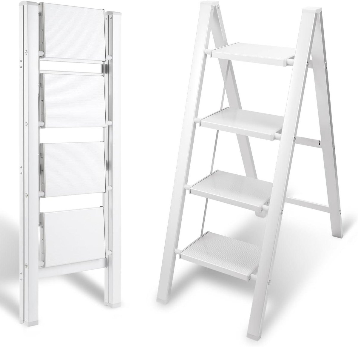 Aluminium Huishoudtrap - Klapladder Stevig - Veilig Klussen - Antislip Trede - 4 Treden - Wit