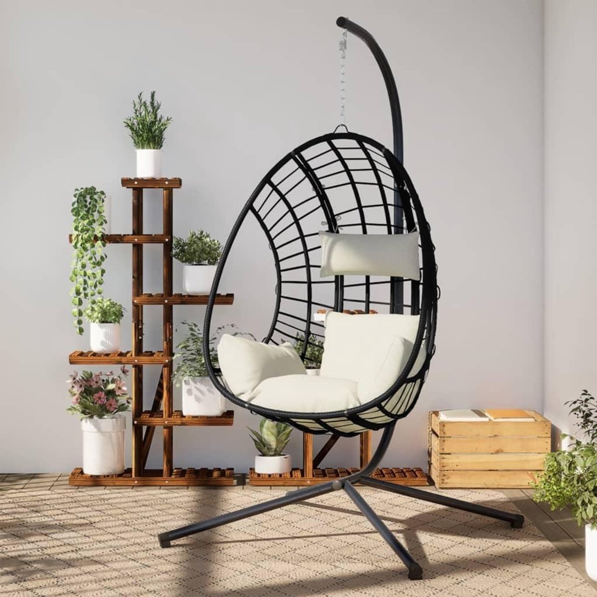 Hangstoel met Standaard - Schommelstoel Buiten - Ontspannen in Tuin - Stevig Stalen Frame - N.v.t. - Beige