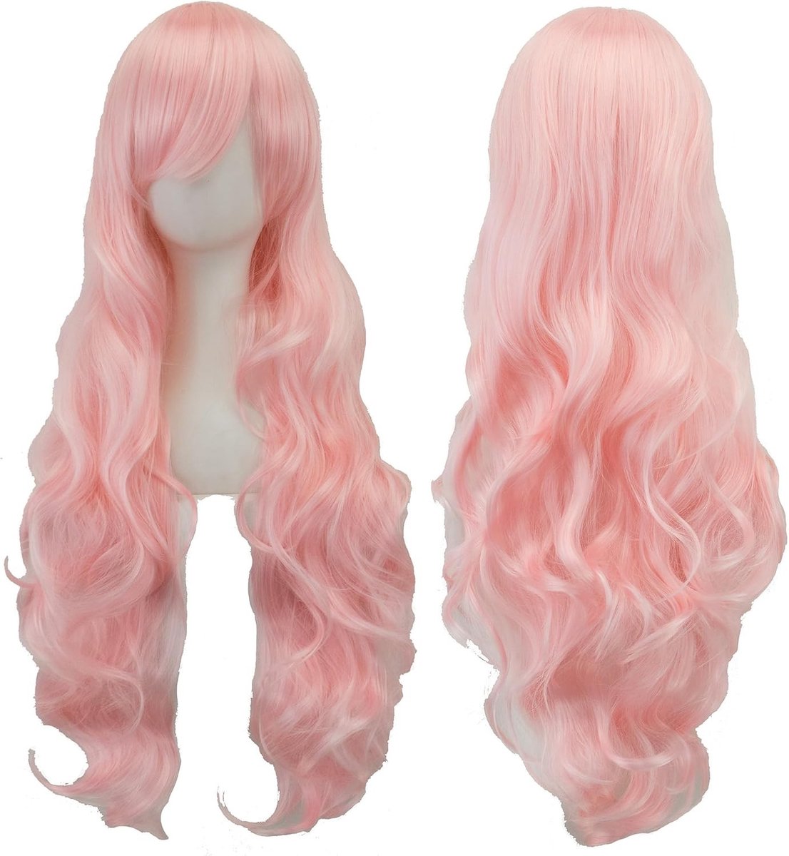 Lange Krullende Natuurlijke Haar Cosplay Peruk met Bangs voor Feestelijke Kostuums en Halloween - Kleur: Helder Roze