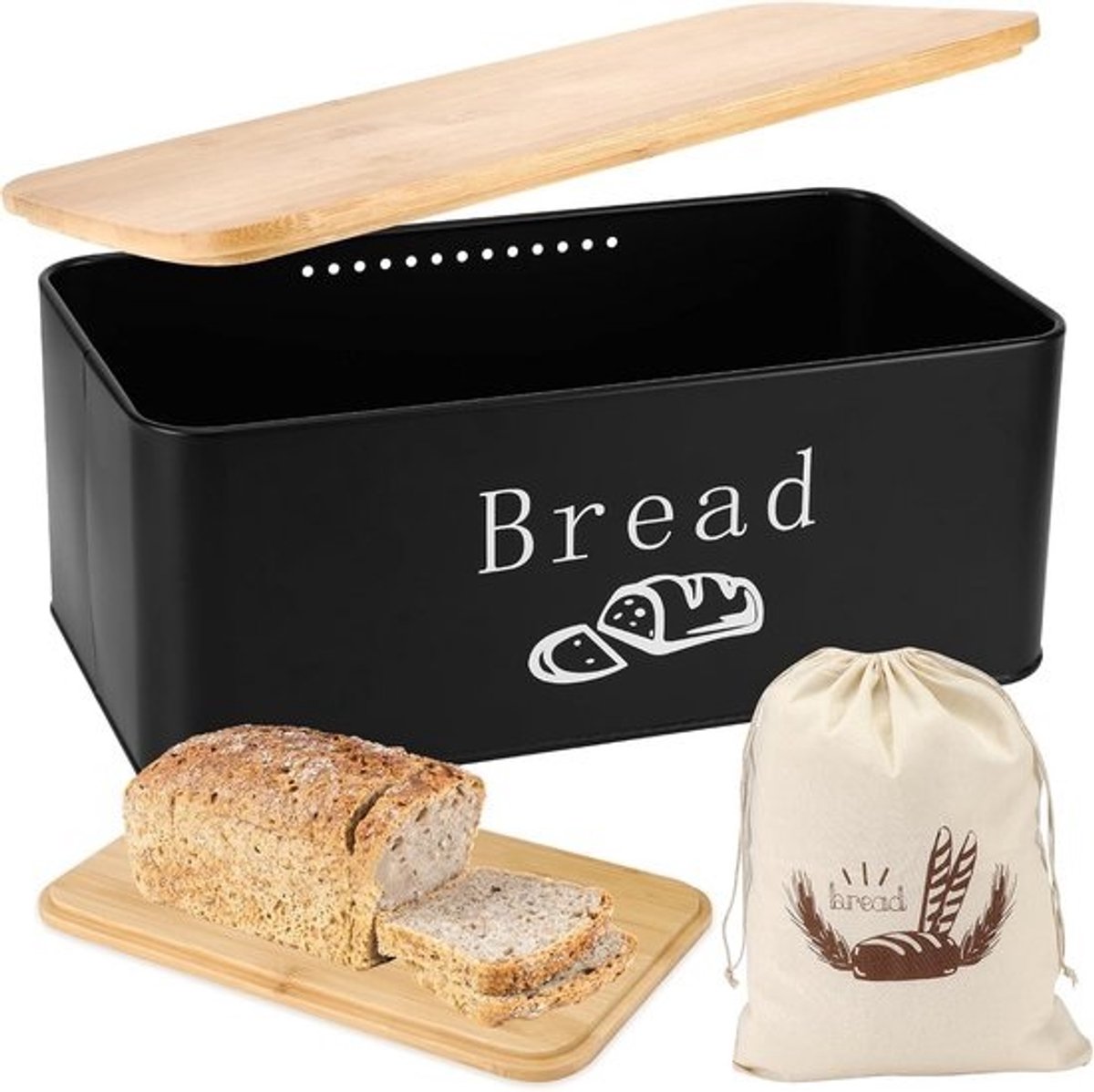 Zwarte Broodtrommel met Snijplank en Linnen Broodzak - Houdt Brood Vers en Stijlvol