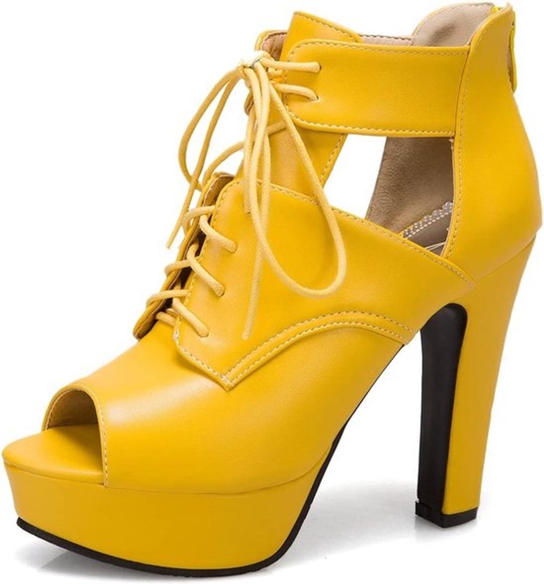 Open Teen Blokhak Pumps met Rits en Vetersluiting voor Vrouwen – Casual Hoog Hakken met Waterdicht Platform – Grote Maten Beschikbaar
