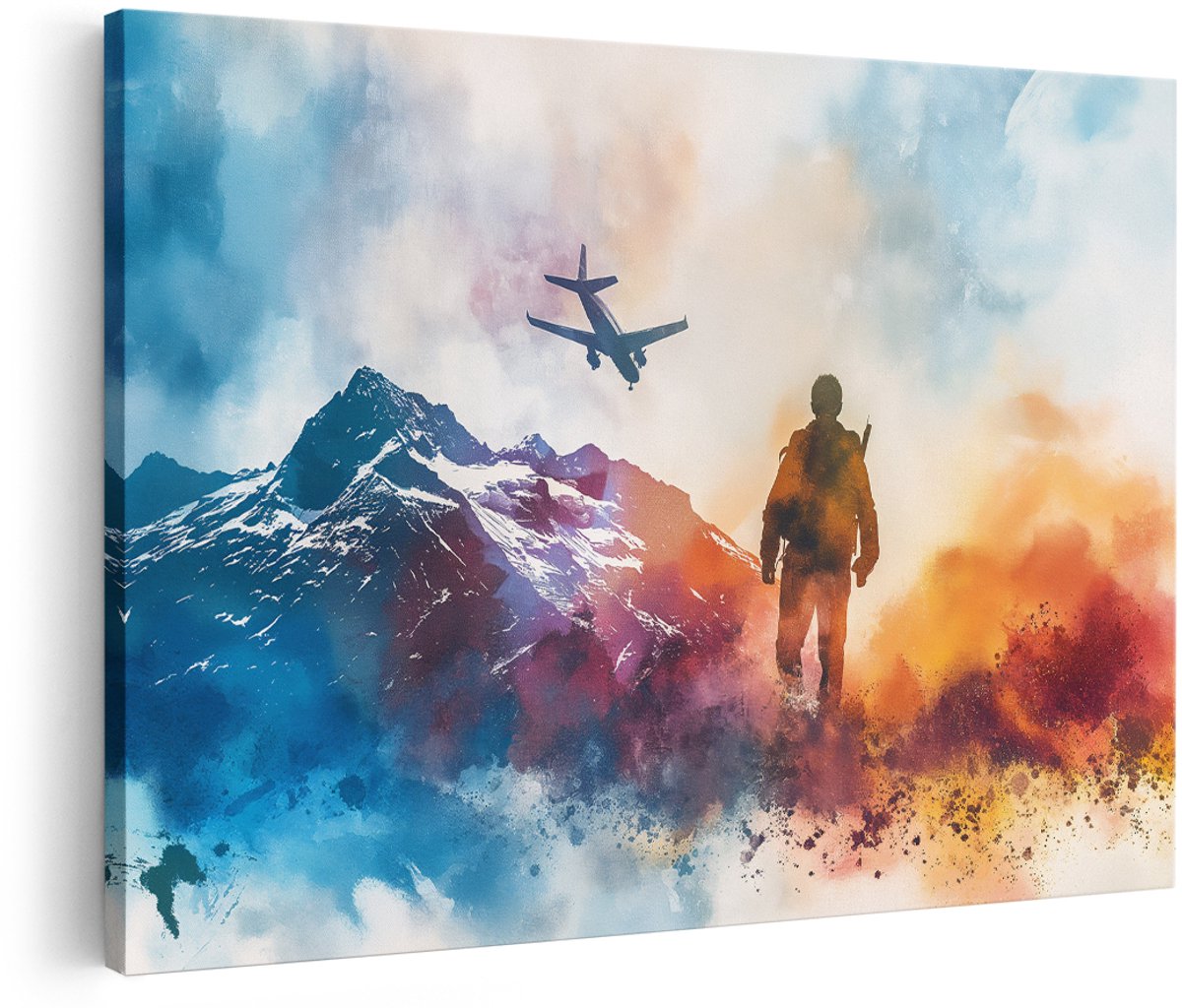 Artaza Canvas Schilderij Berglandschap - 150x100 cm - Groot - Wanddecoratie Natuur - Muurdecoratie Avontuur - Schilderijen Op Canvas Vliegtuig - Kleurrijk
