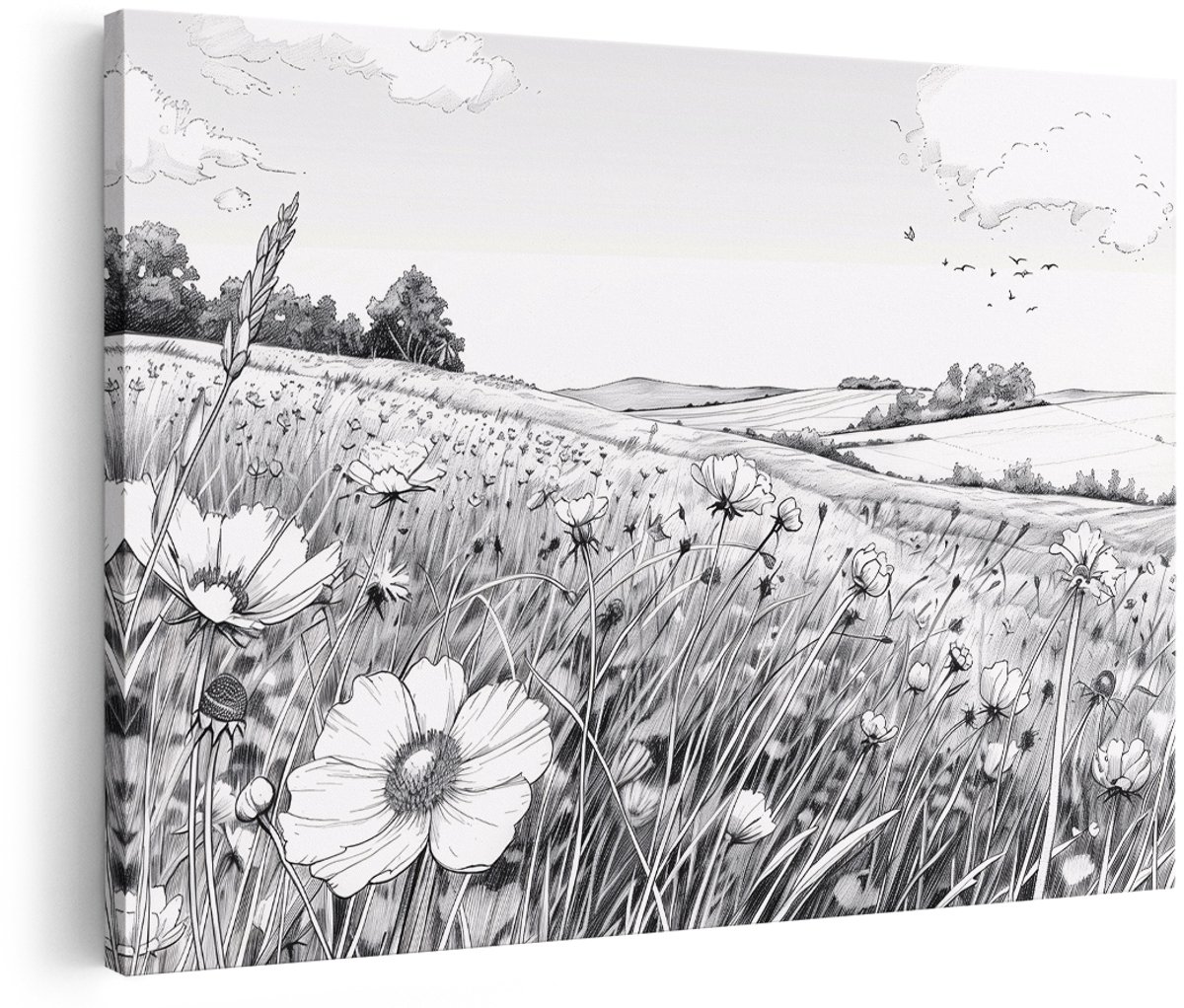 Artaza Canvas Schilderij Bloemenveld - 150x100 cm - Groot - Wanddecoratie Natuur - Muurdecoratie Landschap Zwart Wit - Decoratie Vogels Schilderijen