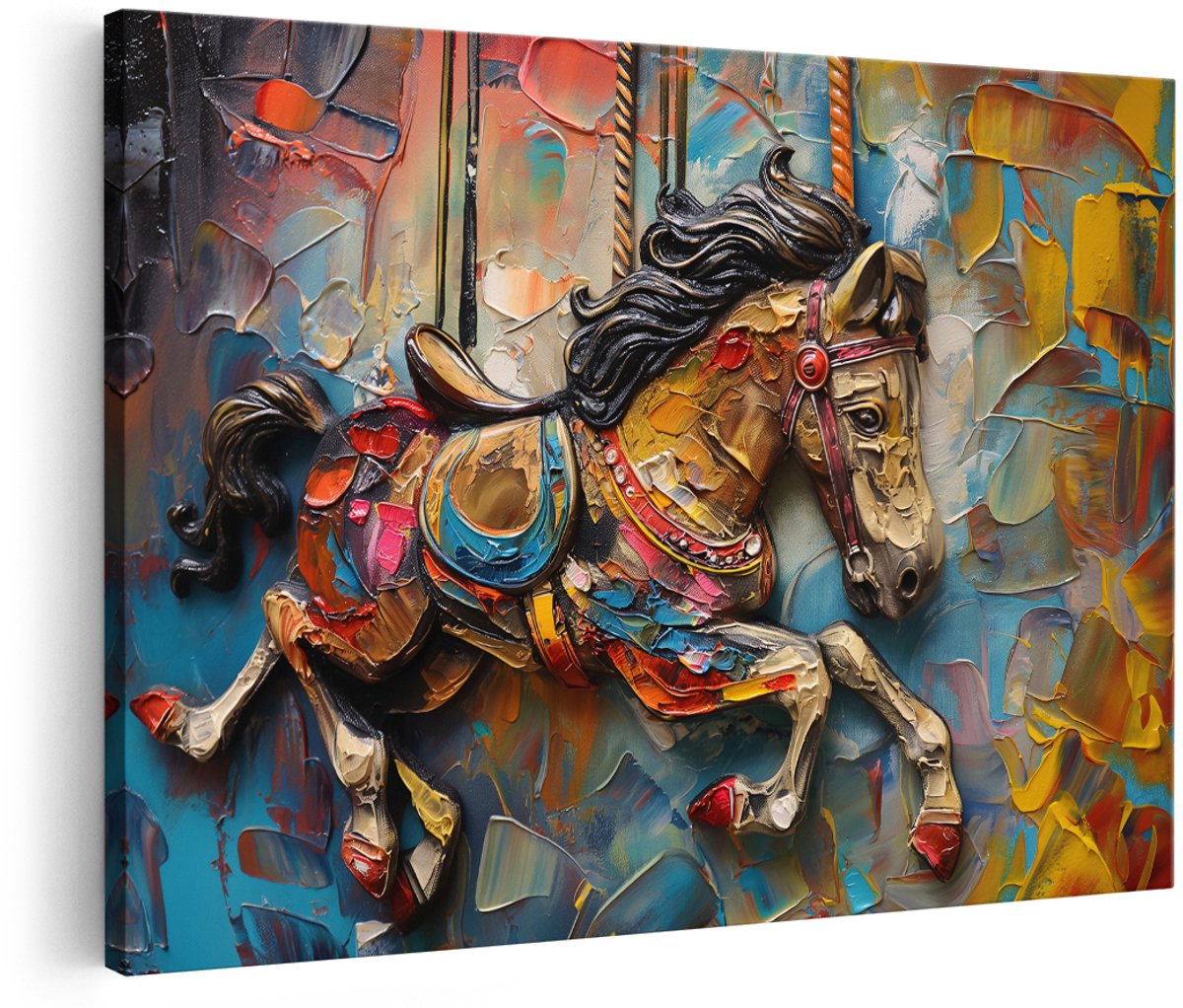 Artaza Canvas Schilderij Paard - 150x100 cm - Groot - Wanddecoratie Draaimolen - Muurdecoratie Kleurrijk Dieren - Schilderijen Op Canvas