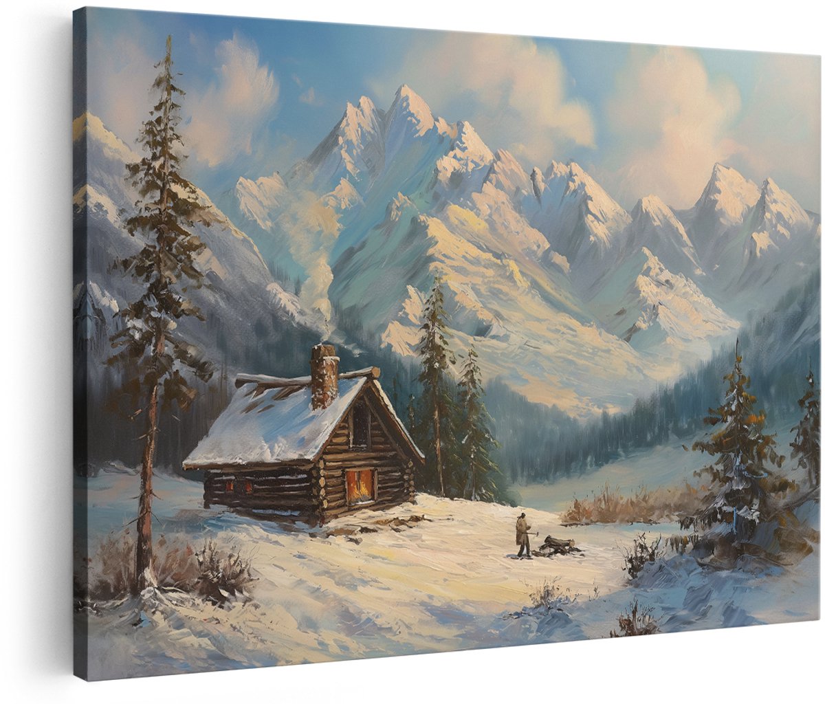 Artaza Canvas Schilderij Berglandschap - 150x100 cm - Groot - Wanddecoratie Blokhut - Muurdecoratie Natuur - Schilderijen Besneeuwde Bergen