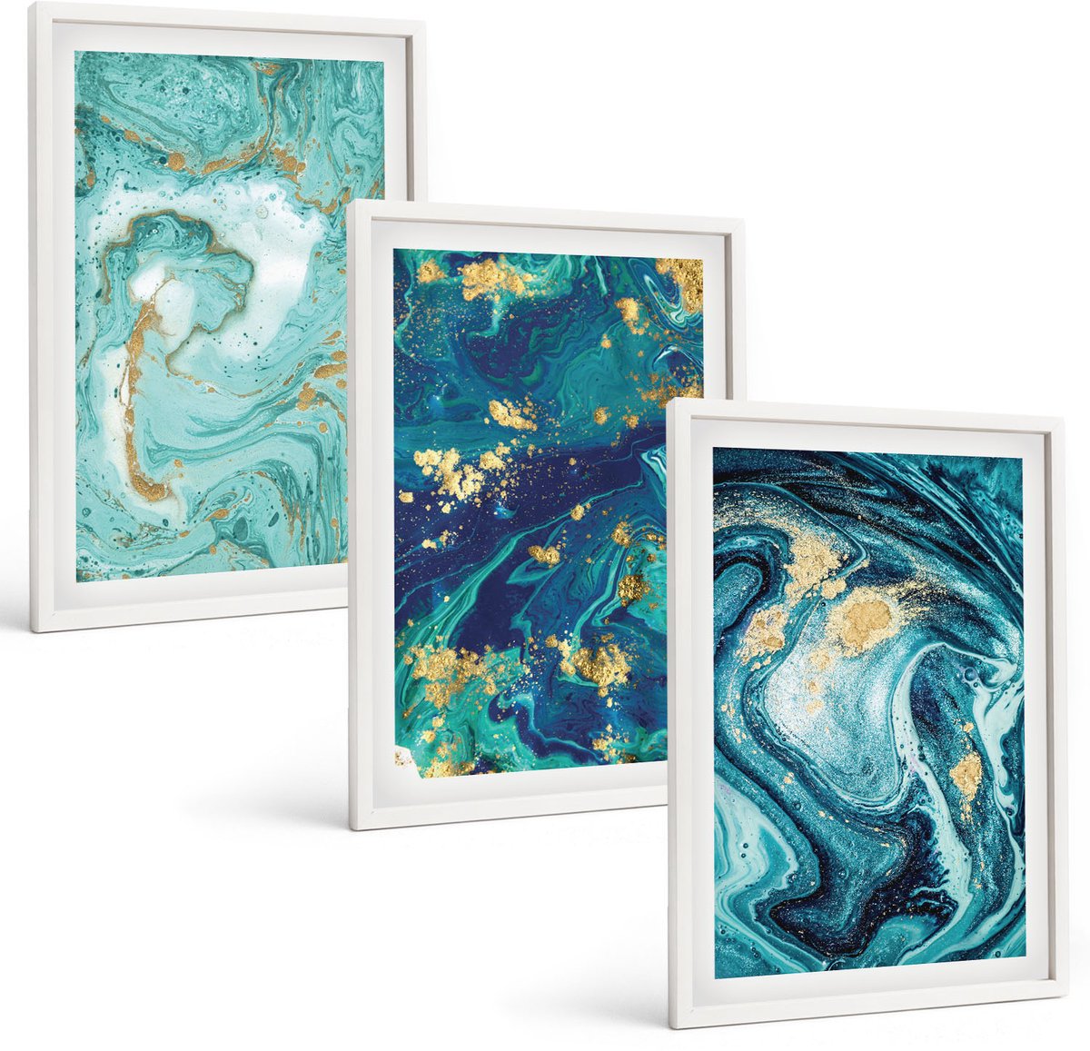 Wallfluent 3-Delige Schilderij Set - Turquoise Abstractie Van Gemorste Verf - 40 x 60 - Schilderijen Set - Wanddecoratie - Woonkamer - Woonkamer Decoratie