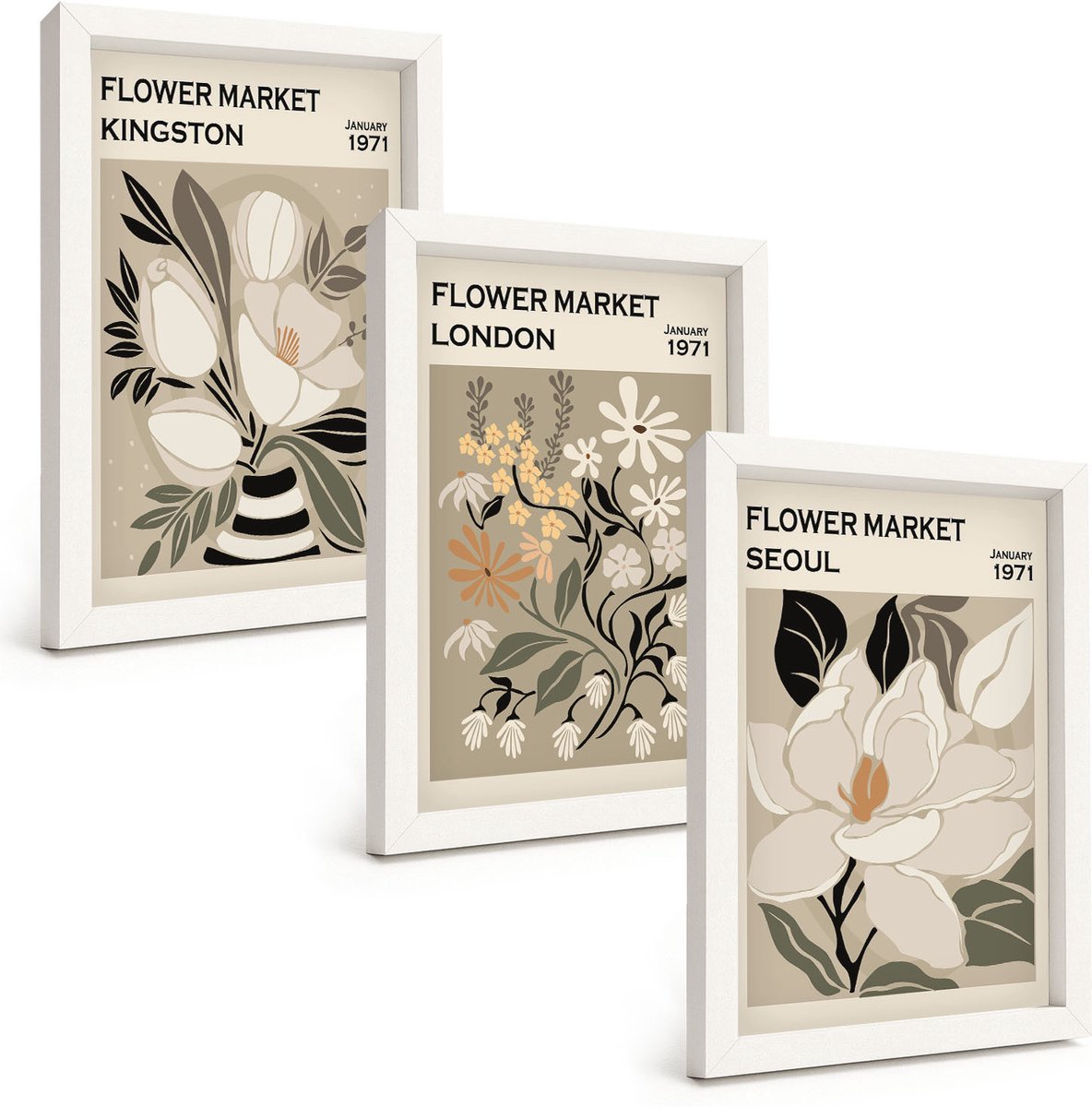 Wallfluent 3-Delige Schilderij Set - Retro Bloemen Uit Verschillende Steden Over De Hele Wereld - 20 x 30 - Stijlvolle Wanddecoratie - Interieur - Moderne Wanddecoratie
