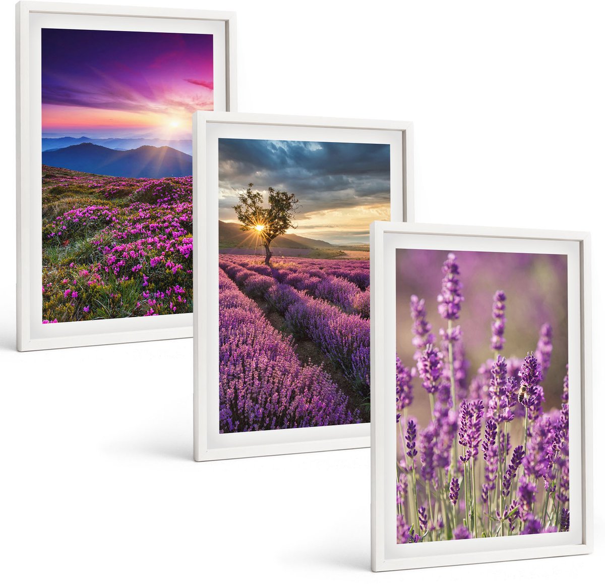 Wallfluent 3-Delige Schilderij Set - Landschap Met Lavendelvelden En Zonsondergang - 40 x 60 - Decoratieve Schilderijen - Wanddecoratie - Hal - Moderne Wanddecoratie
