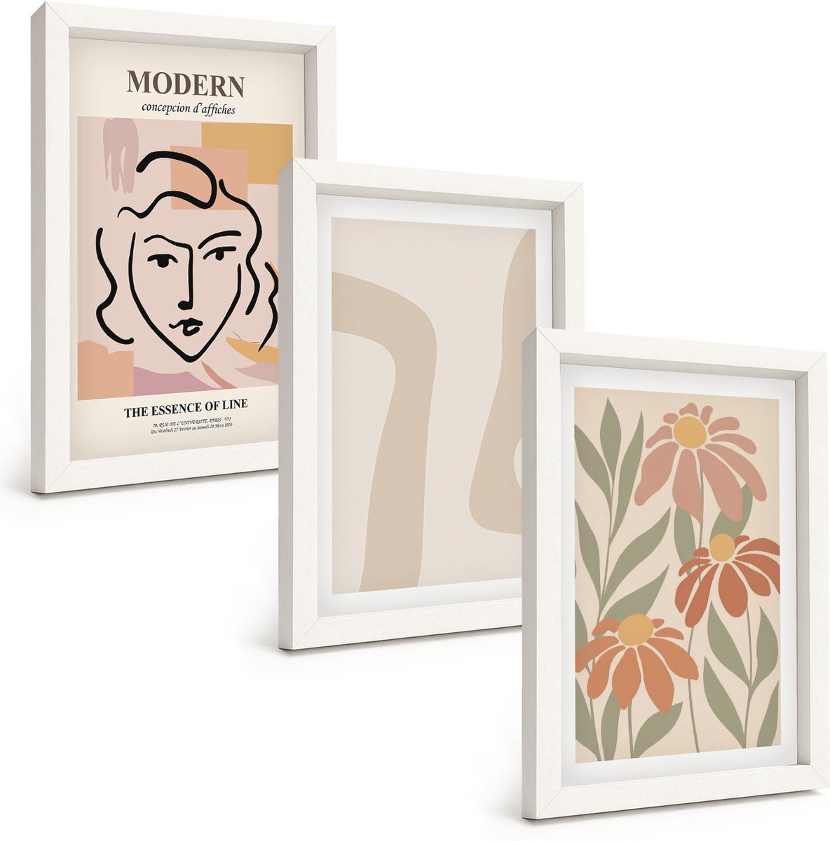 Wallfluent 3-Delige Schilderij Set - Vrouw In Moderne Stijl Met Abstracte Patronen - 20 x 30 - Muurdecoratie - Schilderijen Set - Woonkamer - Interieur Decoratie