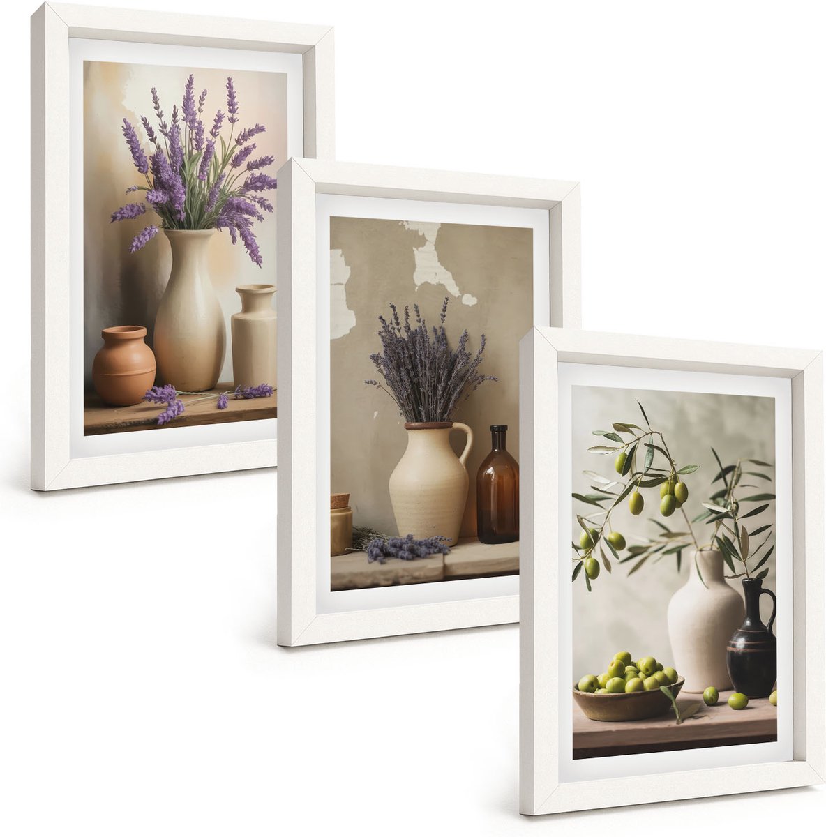 Wallfluent 3-Delige Schilderij Set - Bloemen In Vazen, Olijven En Natuurlijke Decoraties. - 20 x 30 - Wanddecoratie - Muurdecoratie - Woonkamer - Decoratieve Schilderijen