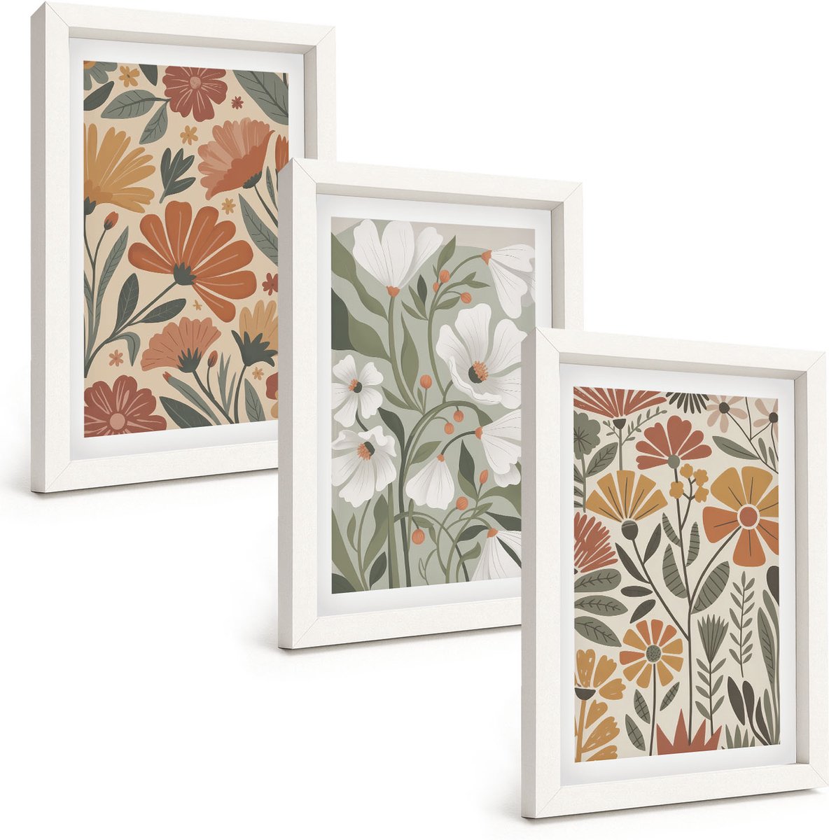 Wallfluent 3-Delige Schilderij Set - Bloemenpatronen In Oranje En Groene Tinten. - 20 x 30 - Wanddecoratie - Woonkamer Decoratie - Interieur Decoratie