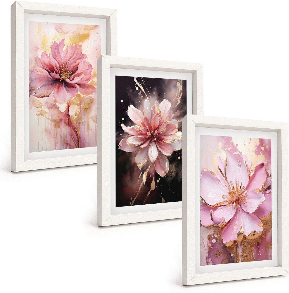 Wallfluent 3-Delige Schilderij Set - Bloemencomposities In Roze En Witte Tinten. - 20 x 30 - Decoratieve Schilderijen - Wanddecoratie - Hal - Stijlvolle Muurdecoratie