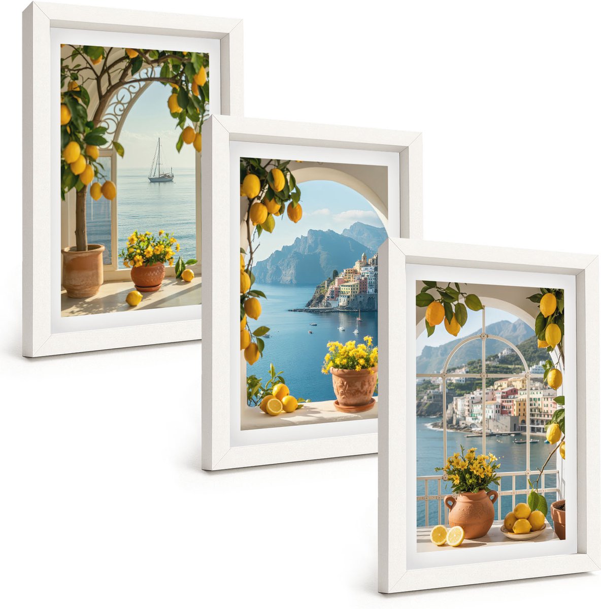 Wallfluent 3-Delige Schilderij Set - Citroenen En Bloemen In Potten In Een Kustplaats - 20 x 30 - Wanddecoratie - Schilderijen Set - Kantoor - Stijlvolle Muurdecoratie