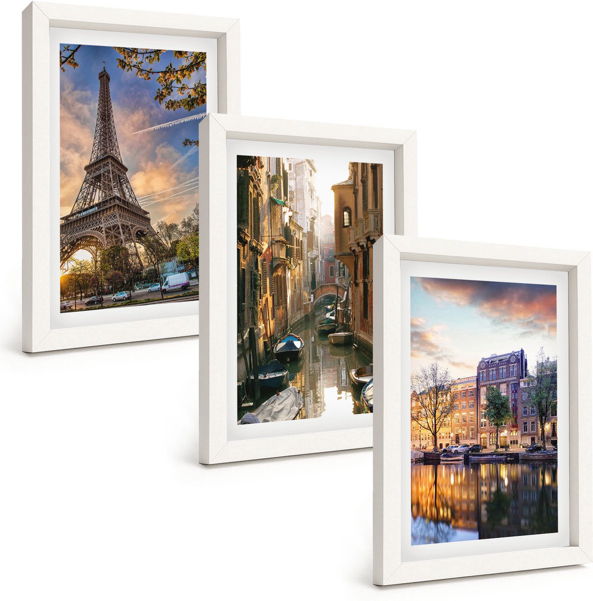 Wallfluent 3-Delige Schilderij Set - De Eiffeltoren, De Grachten Van Venetië En De Straten Van Amsterdam. - 20 x 30 - Stijlvolle Muurdecoratie - Kantoor - Decoratieve Schilderijen