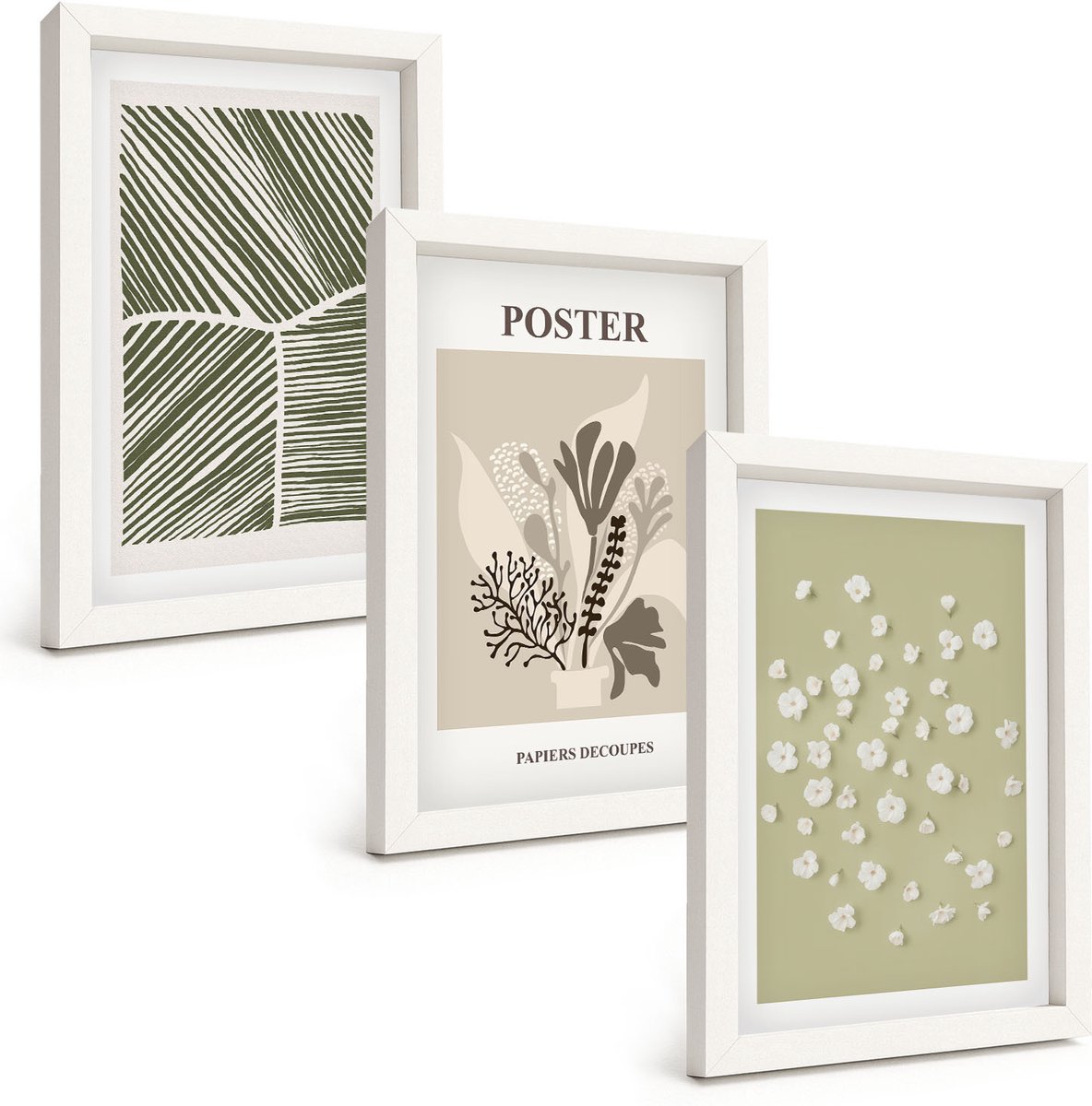 Wallfluent 3-Delige Schilderij Set - Plantmotieven In Ingetogen Kleuren En Patronen. - 20 x 30 - Stijlvolle Wanddecoratie - Interieur - Stijlvolle Muurdecoratie
