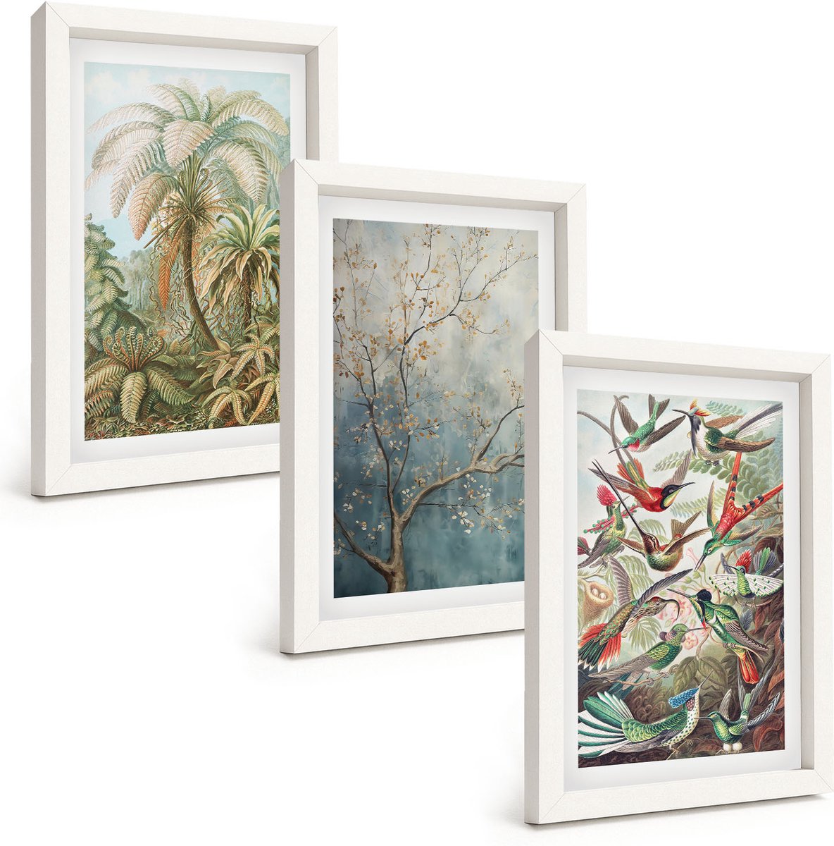 Wallfluent 3-Delige Schilderij Set - Tropische Planten En Kleurrijke Vogels In De Natuur - 20 x 30 - Wanddecoratie - Muurdecoratie - Woonkamer - Woonkamer Decoratie