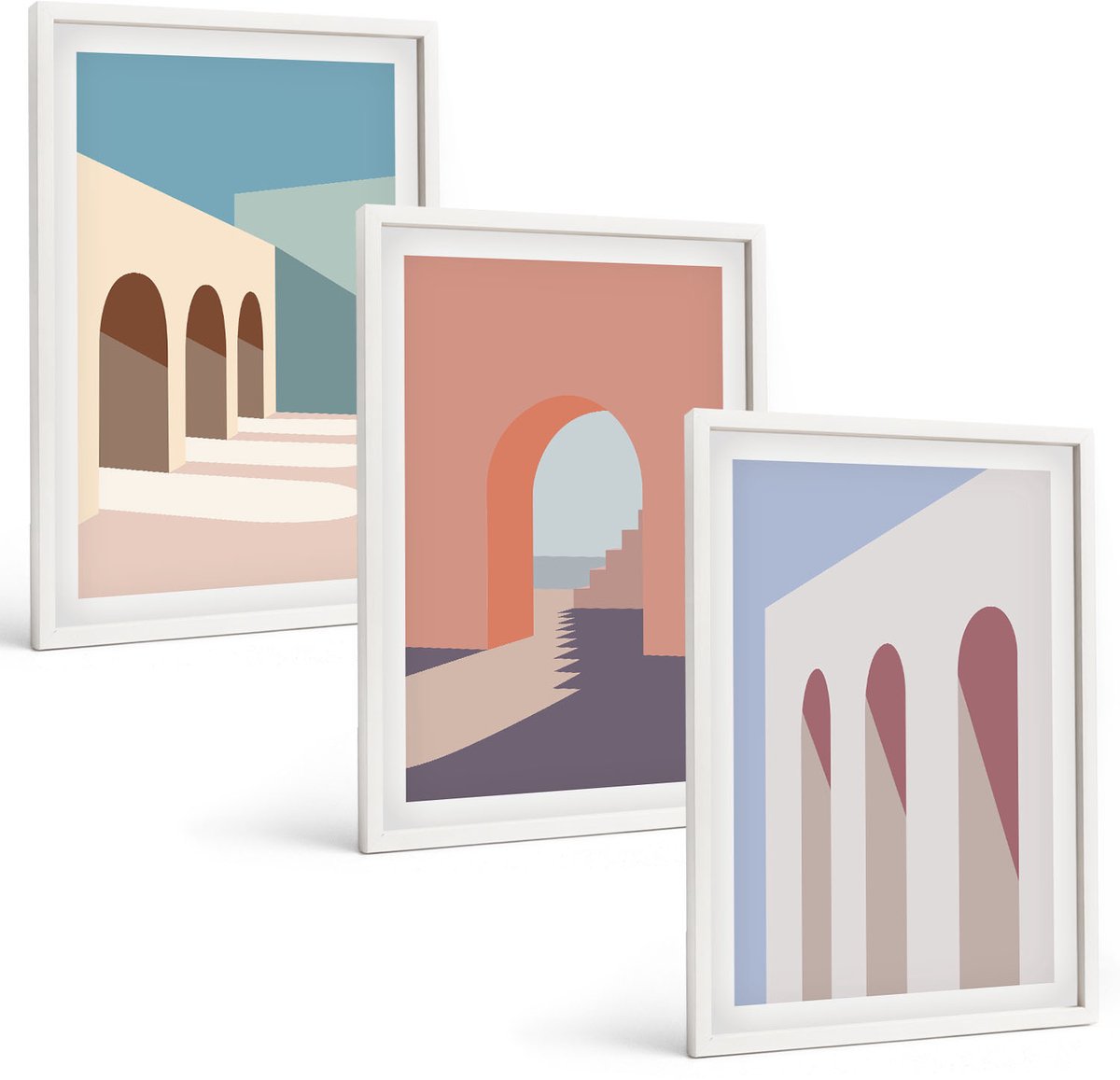 Wallfluent 3-Delige Schilderij Set - Pastel Minimalistische Stedelijke Architectuurafbeeldingen - 40 x 60 - Muurdecoratie - Schilderijen Set - Woonkamer - Interieur Decoratie