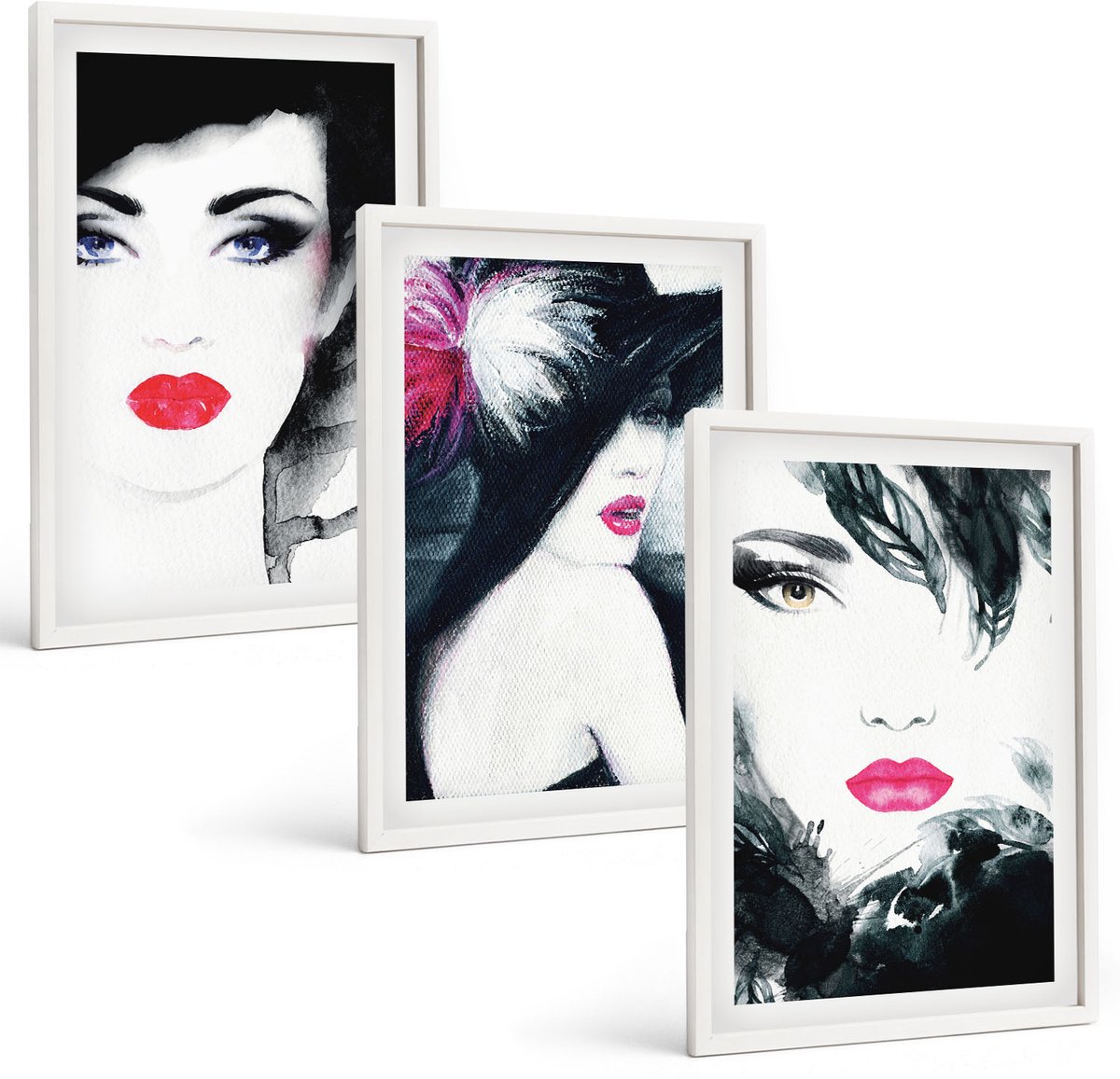 Wallfluent 3-Delige Schilderij Set - Geschilderde Portretten Van Vrouwen Met Expressieve Lippen - 40 x 60 - Moderne Wanddecoratie - Woonkamer - Muurdecoratie