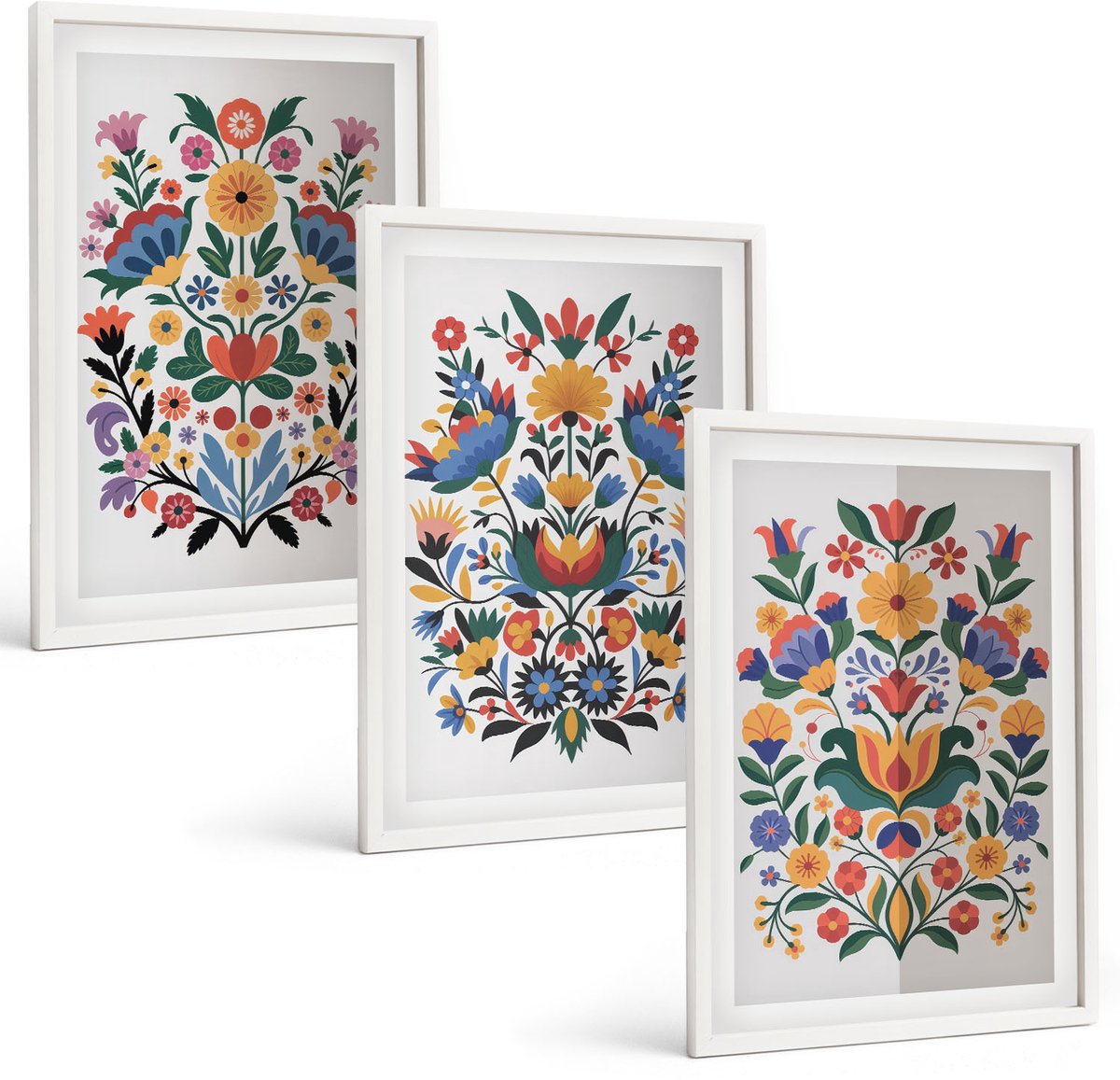 Wallfluent 3-Delige Schilderij Set - Bloemmotieven In Intense Kleuren Op Een Witte Achtergrond. - 40 x 60 - Muurdecoratie - Interieur Decoratie - Stijlvolle Muurdecoratie