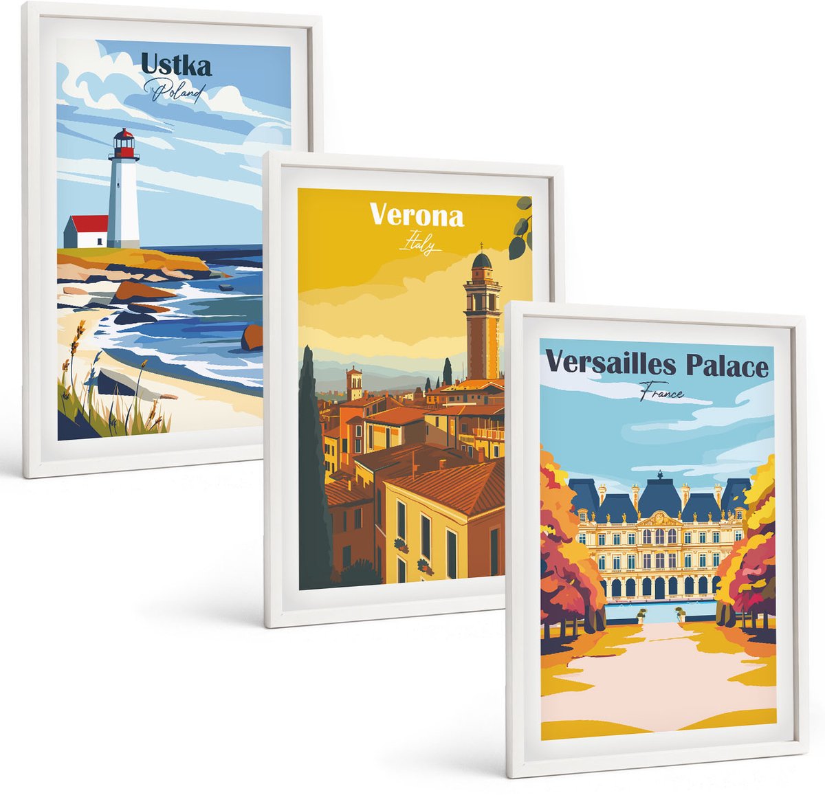 Wallfluent 3-Delige Schilderij Set - Uitzichten Op Beroemde Plekken Aan Zee En In Steden - 40 x 60 - Stijlvolle Muurdecoratie - Kantoor