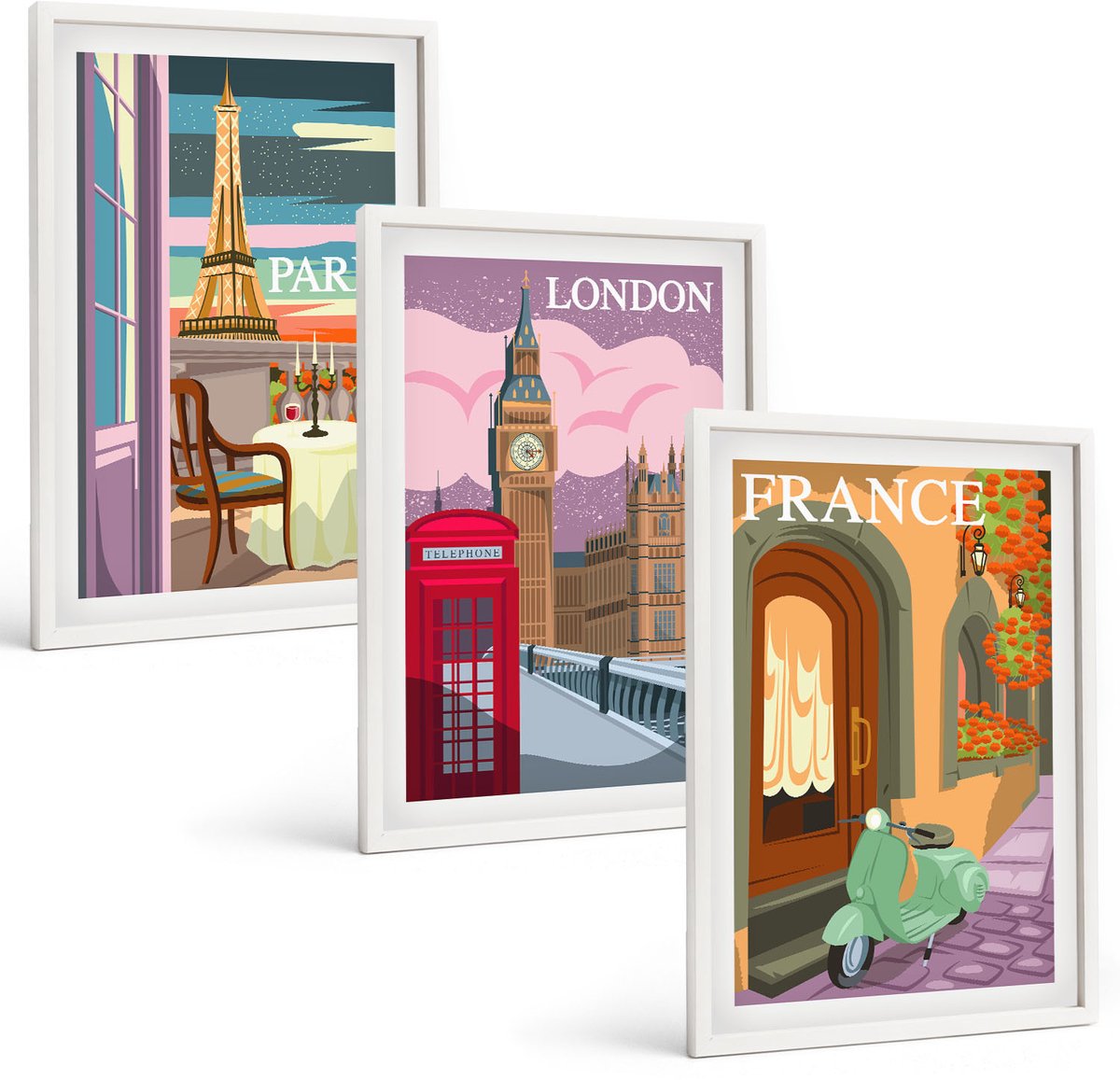 Wallfluent 3-Delige Schilderij Set - Retro Stadsgezichten Van Parijs, Londen En Frankrijk - 40 x 60 - Schilderijen Set - Wanddecoratie - Woonkamer - Moderne Wanddecoratie