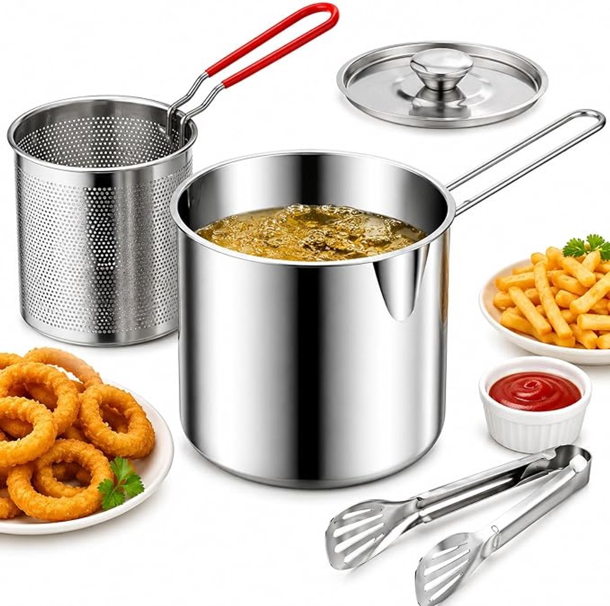 4-delige set - Friteuse met frituurmandje - Frituurpan - RVS - Mini frituurpan met handvat - Inclusief keukenklem - Duurzaam - Perfect voor het frituren van friet, vis en kip