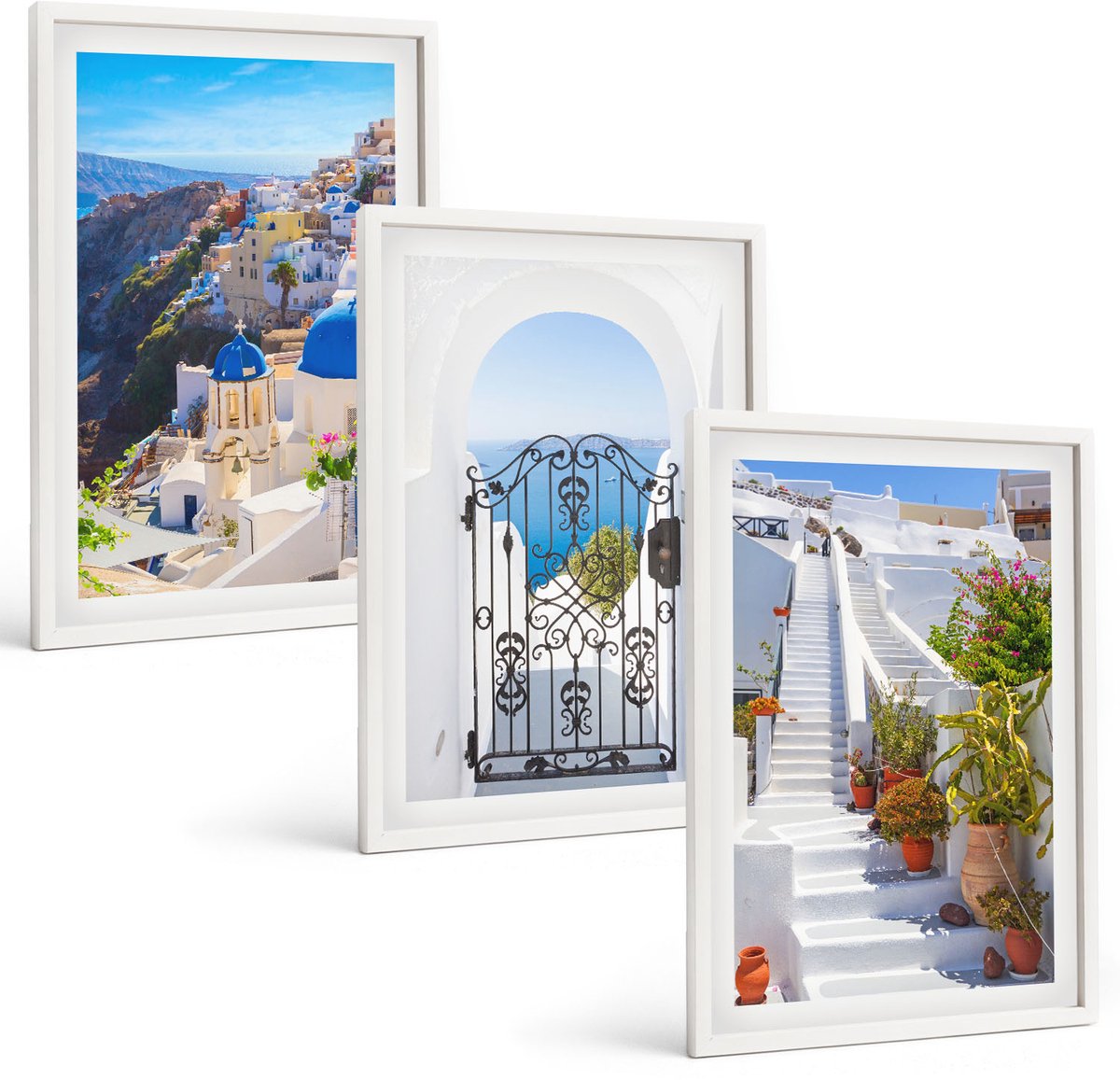 Wallfluent 3-Delige Schilderij Set - Uitzichten Op Santorini En De Griekse Architectuur Van De Stad Oia. - 40 x 60 - Wanddecoratie - Schilderijen Set - Kantoor - Decoratieve Schilderijen