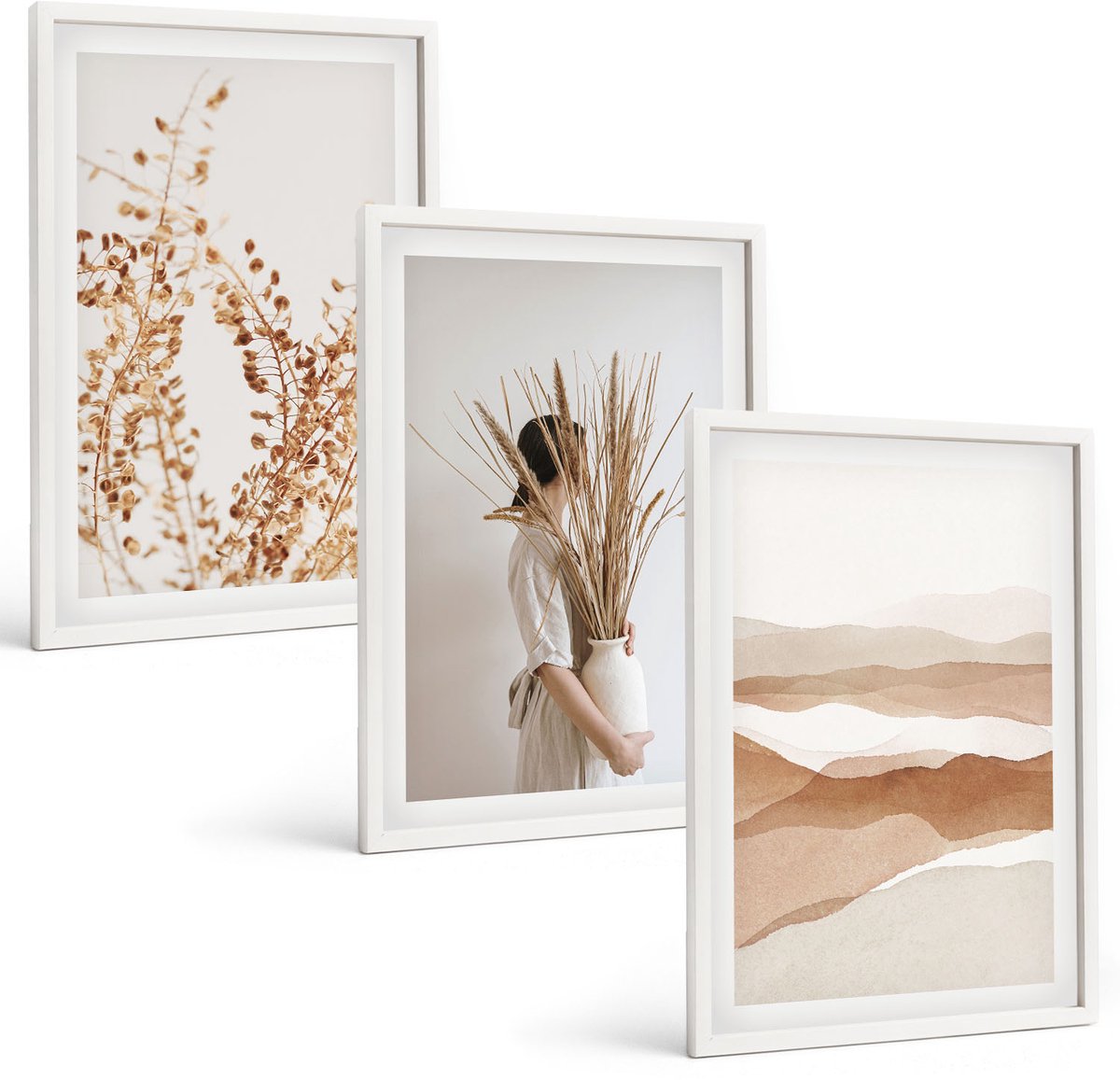 Wallfluent 3-Delige Schilderij Set - Abstracte Plantmotieven In Rustieke Boho-Stijl - 40 x 60 - Stijlvolle Wanddecoratie - Interieur - Woonkamer Decoratie