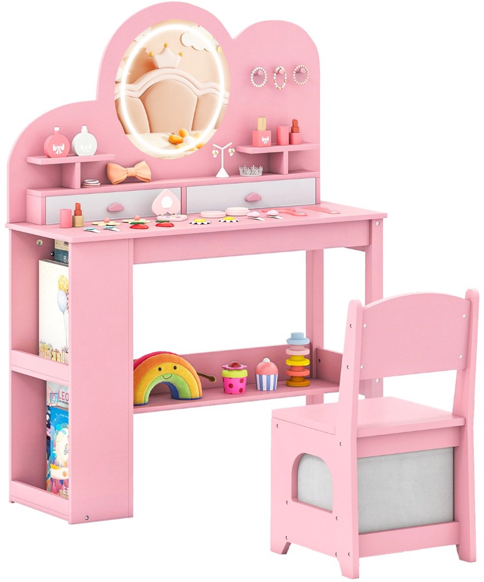 SureDeal® - Kaptafel - Kinderkaptafel - Lichte Prinsessenstijl Kaptafelset - 80,5x29,5x107 cm - Roze