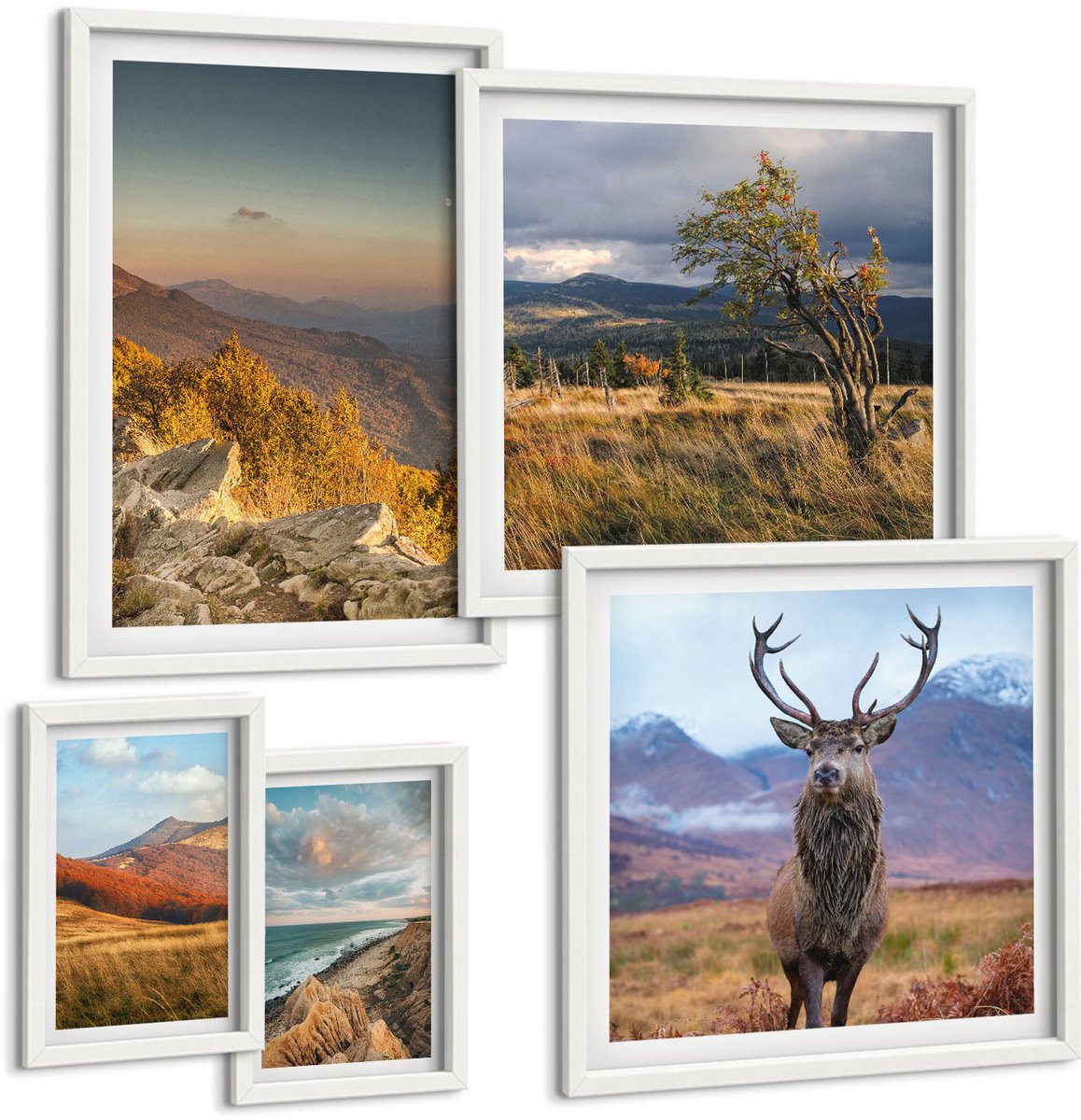 Wallfluent 5-Delige Schilderij Set - Natuurlandschappen Met Wilde Dieren En Bergflora - 50 x 50 cm, 20 x 30 cm En 40 x 60 cm - Muurdecoratie - Decoratieve Schilderijen - Wohnzimmer