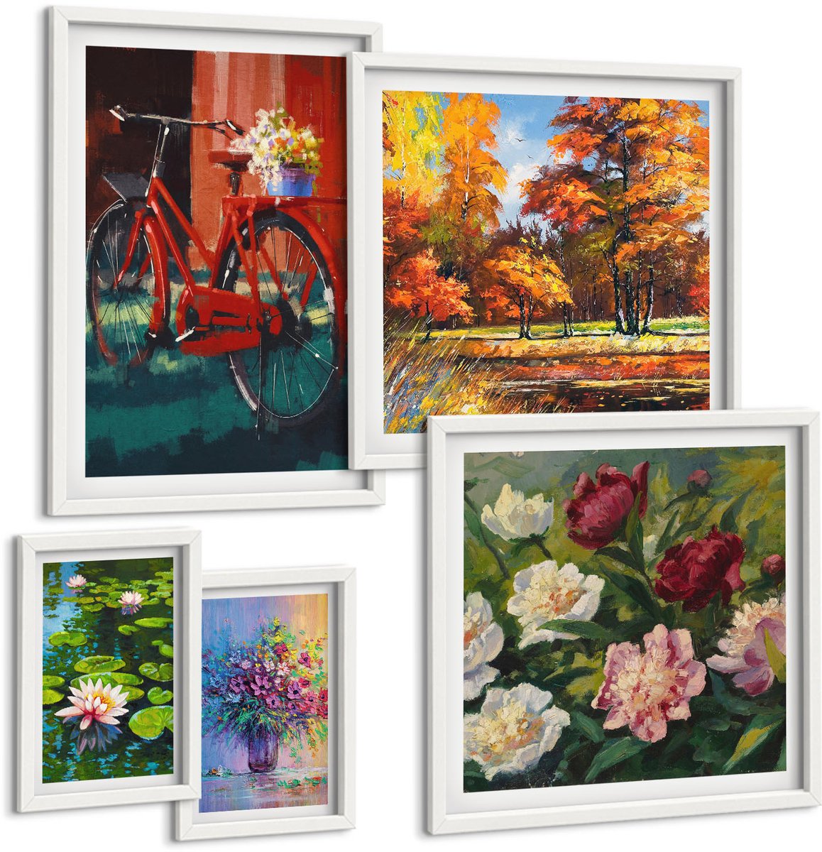 Wallfluent 5-Delige Schilderij Set - Bloemen In Een Lentelandschap Met Een Fiets Op De Achtergrond, Te Midden Van De Natuur. - 50 x 50 cm, 20 x 30 cm En 40 x 60 cm - Wanddecoratie - Muurdecoratie - Woonkamer