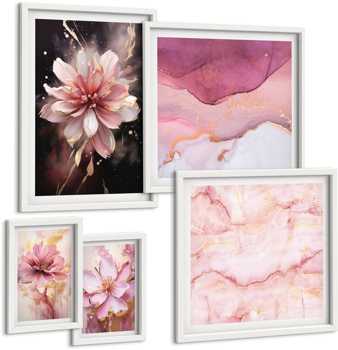 Wallfluent 5-Delige Schilderij Set - Bloemencomposities In Delicate Roze Tinten - 50 x 50 cm, 20 x 30 cm En 40 x 60 cm - Muurdecoratie - Wanddecoratie - Slaapkamer - Interieur Decoratie