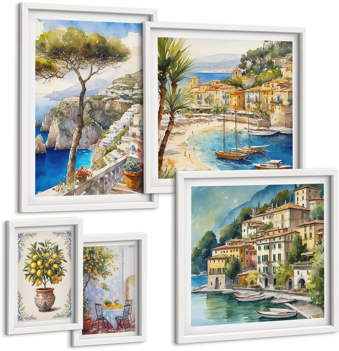 Wallfluent 5-Delige Schilderij Set - Stijlvolle Uitzichten Op Kustplaatsen En Italiaanse Landschappen - 50 x 50 cm, 20 x 30 cm En 40 x 60 cm - Wanddecoratie - Woonkamer Decoratie - Interieur Decoratie