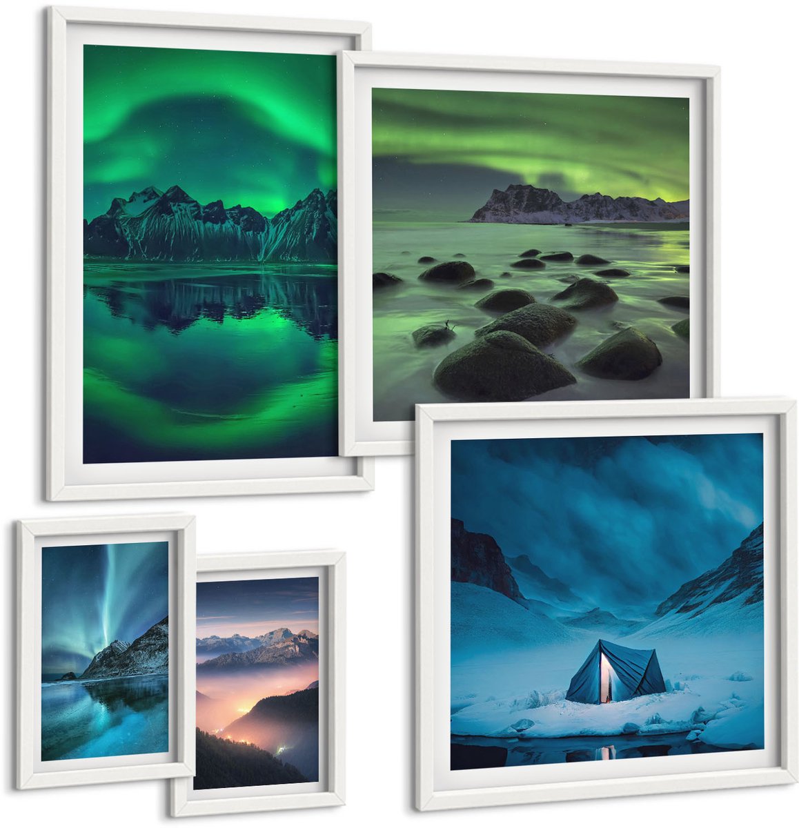 Wallfluent 5-Delige Schilderij Set - Winterlandschappen Met Noorderlicht En Uitzicht Op De Bergen - 50 x 50 cm, 20 x 30 cm En 40 x 60 cm - Muurdecoratie - Interieur Decoratie - Wanddecoratie