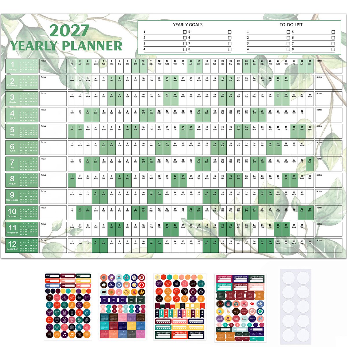 Ulisem - 2027 Wandkalender - Grote Jaarplanner - Dubbelzijdige Kalender - Dikke Papierkwaliteit - Kleurrijke Maandplanner - Voor Woonkamer Keuken Kantoor Studiekamer en Appartement - Smaragdgroen