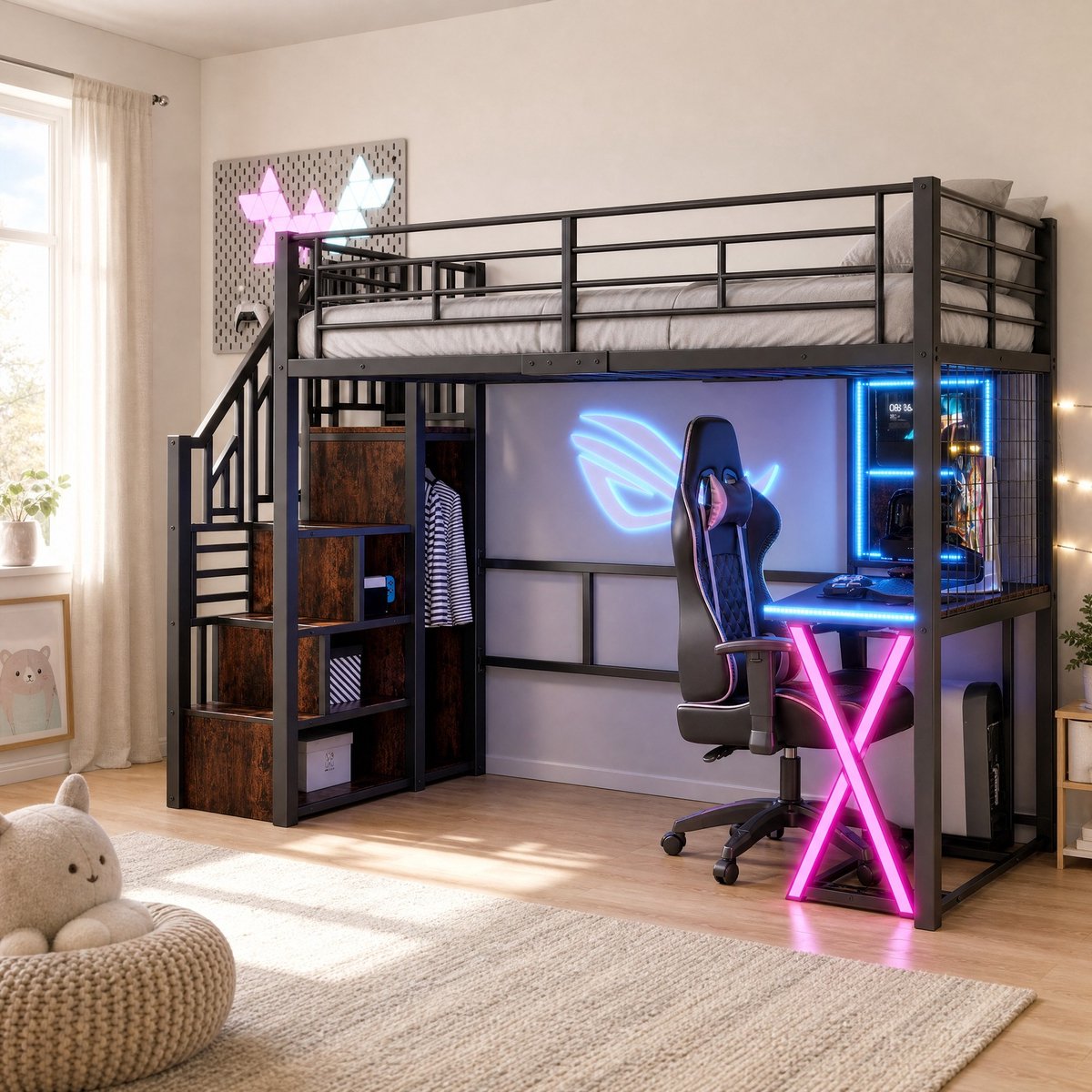 REDOM - Hoogslaper - Met bureau en LED-verlichting - Opbergleider met kledingkast en planken - Zonder matras - Metaal en MDF - Zwart - 252,5 x 95,5 x 169 cm