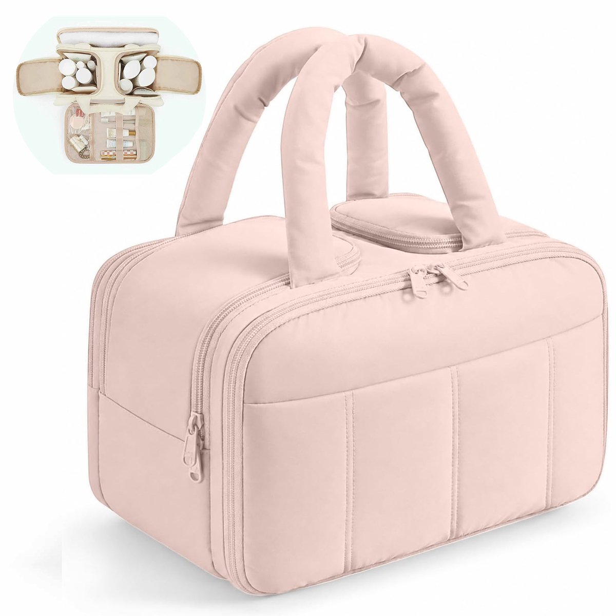 Toilettas voor Dames - Grote Capaciteit Cosmetica Tas met Handvat - Waterafstotend - 4 Vakken met Nat/Droog Scheiding - Roze