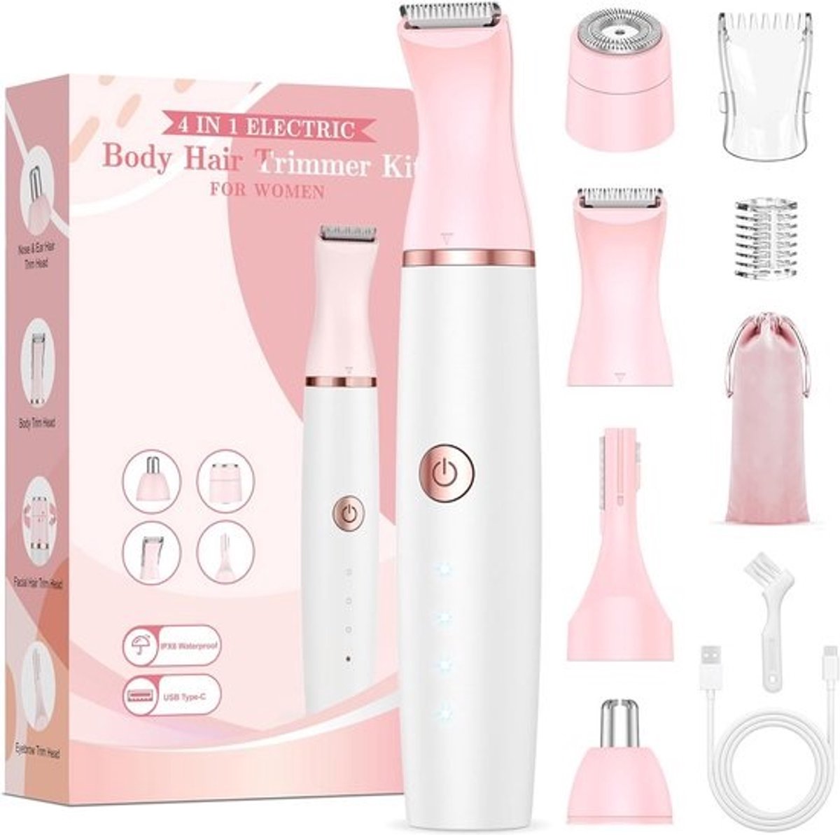 Elektrisch Scheerapparaat Vrouwen 4-in-1: Bikini Trimmer, Schaamhaar-, Neus- & Gezichtshaarverwijderaar - Nat/Droog Oplaadbaar